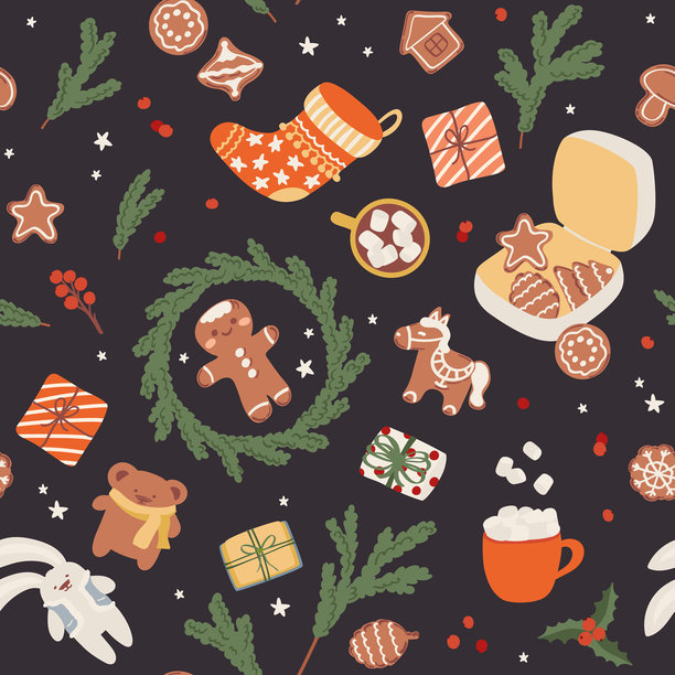 矢量圣诞节无缝图案，黑色背景上饰有绿色松枝、姜饼、热饮和浆果。可爱的插画，适用于包装纸和织物设计。图片下载