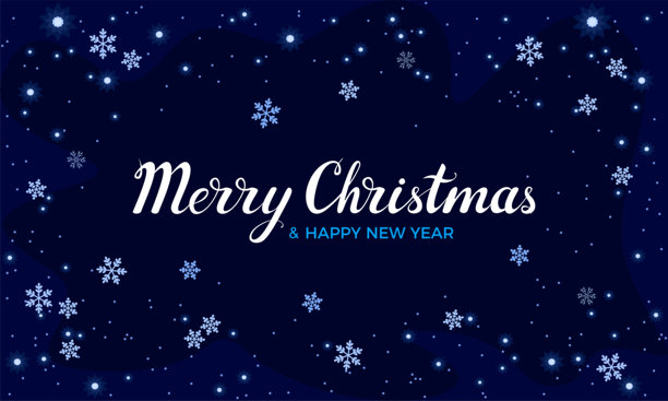 圣诞背景。深蓝色背景上的带文字、雪花和星星的贺卡。矢量卡通扁平化插画。图片下载