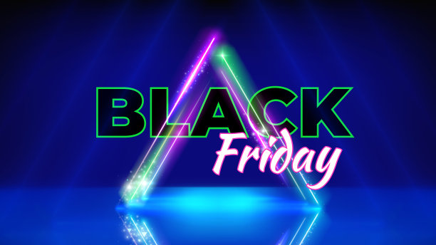 黑色星期五霓虹优惠海报。特价促销。霓虹三角形边框。舞台蓝色背景。黑色星期五概念，广告。促销横幅。矢量插画图片下载