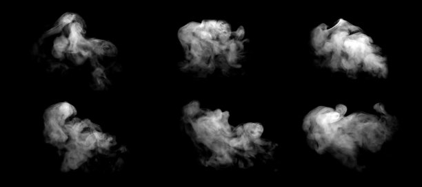 白色烟雾或薄雾云，孤立在黑色背景上，逼真的雾纹理效果，适用于照片编辑、设计叠加或万圣节主题。非常适合蒸汽、烟气或幽灵般的氛围视觉效果。图片下载