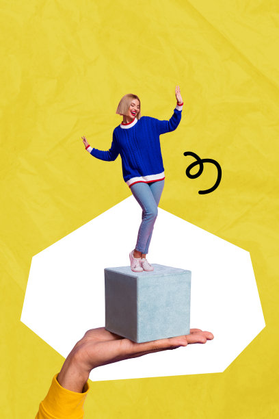 趋势插画模板设计，3D拼贴素描，巨手托着盒子底座，年轻女子微笑，积极的舞蹈，胜利，成功图片下载