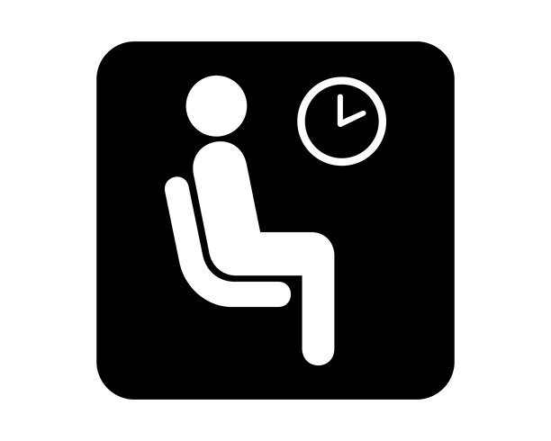 等候室图标，含坐着的人物和时钟符号，用于接待区、公共设施和市政用户界面系统的简约标识图标，高质量矢量素材图片下载