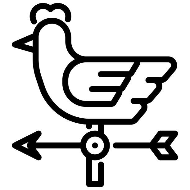 公鸡和风向标指示牌的线条图标，春季概念。公鸡和指针标志的矢量图，白色背景，移动端或网页设计的轮廓风格图标。插画图片下载