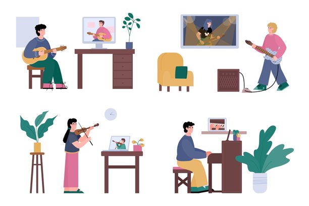 小女孩通过笔记本电脑学习弹吉他插画图片下载