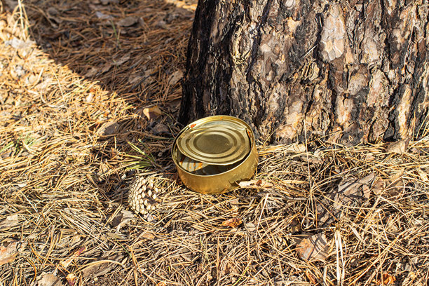 垃圾是环境灾难污染，塑料瓶躺在森林里毒害地球，河岸上的人类垃圾。高质量照片图片下载