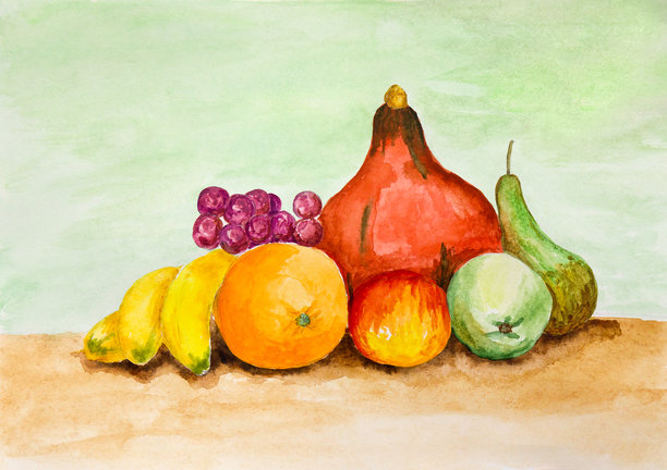 南瓜、红绿苹果、梨、橙子、黄香蕉、一串葡萄。水彩画。感恩节插画。图片下载