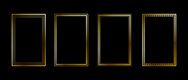 金色细长矩形边框套装。艺术装饰风格闪耀的金色方形边框。细线条矩形画框集合。用于照片、海报、塔罗牌的矢量黄色发光闪亮边框图形包图片下载