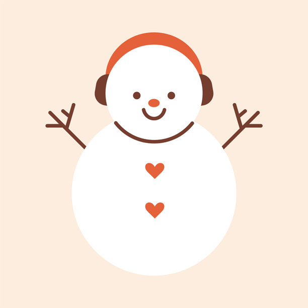 矢量插画：可爱的微笑雪人，戴着耳罩，胡萝卜鼻子，棍子手臂，心形纽扣。适合圣诞节、节日装饰、贺卡设计的可爱冬季角色。图片下载