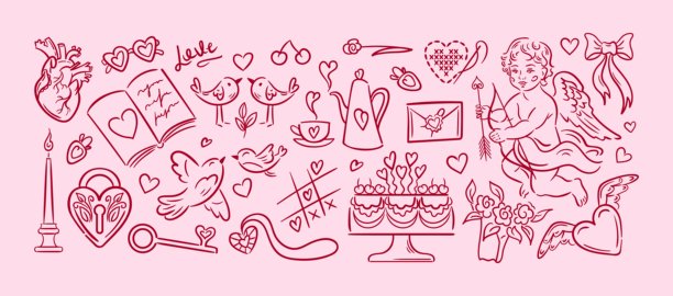 迷人的维多利亚时代背景矢量插画，包含丘比特、蛋糕、城堡、鸟、茶壶、书本、心形、井字棋、刺绣、花束、弓箭、眼镜和钥匙，以俏皮的复古线条艺术风格呈现。图片下载