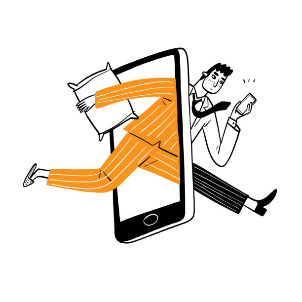 手绘男子枕着枕头走出智能手机，涂鸦矢量插画，概念为手机应用睡眠追踪或酒店预订。图片下载