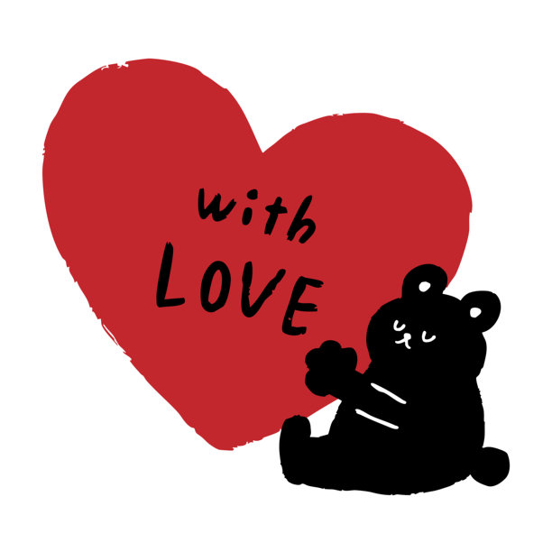 可爱的、手绘的、坐着的熊，带着红心和“With LOVE”的文字，非常适合情人节礼物以及温馨、简约的爱情插画图片下载