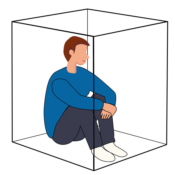 男人坐在立方体中拥抱膝盖的插画图片下载