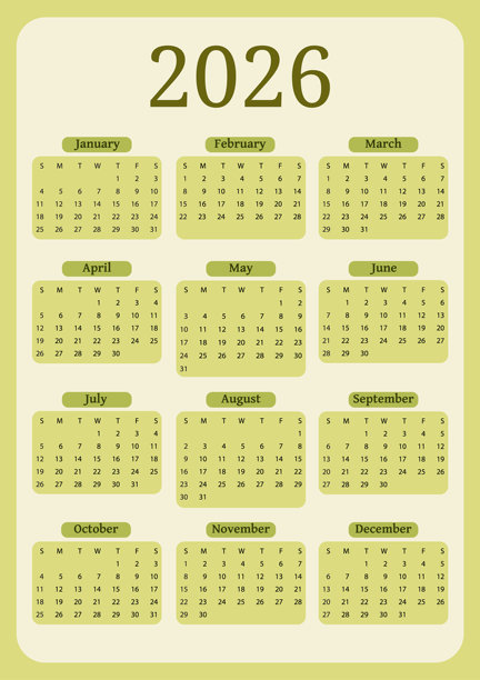 2026年可爱日历，周日开始。可打印的垂直年度日历模板。非常适合儿童托儿所、家庭或办公室装饰。用于规划、组织的日程表。简约设计。图片下载