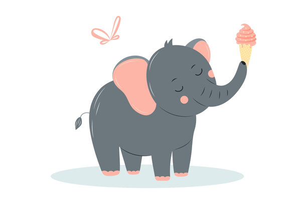 可爱的婴儿大象和冰淇淋。可爱的卡通动物园角色。卡通扁平化矢量插画图片下载