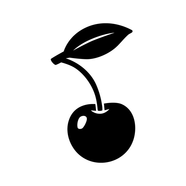 带叶樱桃的黑色剪影。用于图标、标志、食品主题和自然设计的极简矢量水果插画图片下载