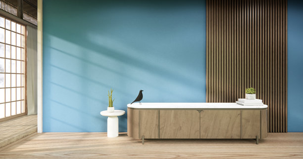 简约蓝色房间里的空橱柜架，背景为现代木质面板墙，三维插画渲染图片下载