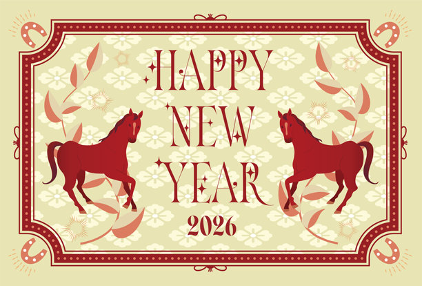 2026马年新年贺卡，经典氛围，马插画，新年明信片素材图片下载