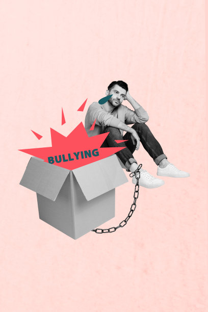 垂直3D流行潮流拼贴照片，一个被困住的男人坐在纸箱里，表现出欺凌、囚犯虐待、紧张、问题、抑郁情绪。图片下载