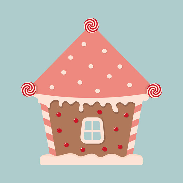 一个可爱的矢量插画，描绘了一个节日气氛的姜饼屋，配有粉色屋顶、白色糖霜和圆形糖果。非常适合圣诞节、节日和甜点设计。图片下载