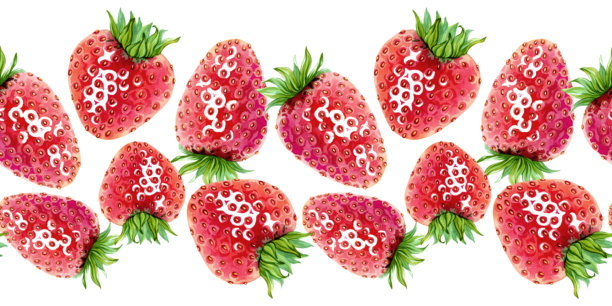 甜美草莓的美丽无缝边框。明亮多汁的浆果图案。用于果酱、橘子酱、化妆品以及纯粹夏日氛围的无尽横幅模板。水彩插画图片下载