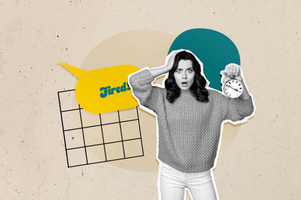 3D艺术插画风格拼贴，画面为一位困惑的女商人，一位新手员工，一个象征通货膨胀问题的气泡，以及解雇的文字。图片下载