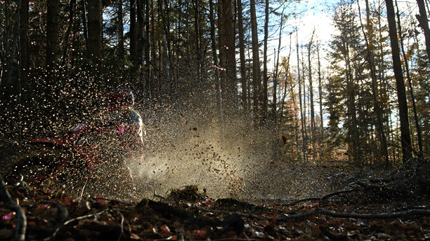 女越野摩托车爱好者在林中水坑里骑行图片下载