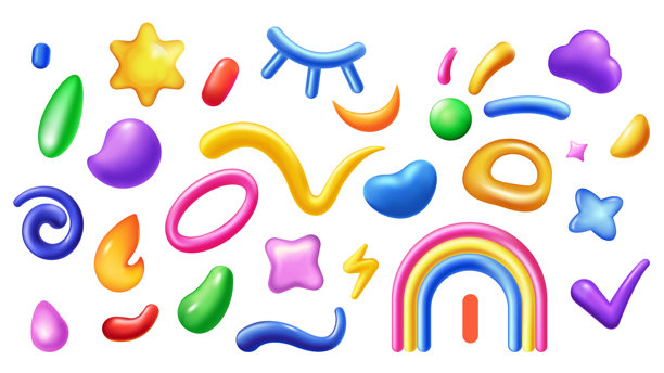 多彩儿童形状3D元素写实渲染设计。抽象涂鸦人物、螺旋、彩虹、漩涡、丝带、星星、水滴、云朵、圆圈等集合。矢量插画。图片下载