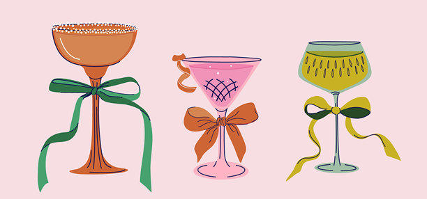 别致的鸡尾酒杯套装，饰有“coquette”蝴蝶结。新年除夕，庆祝派对香槟或马提尼。节日快乐酒精符号。手绘扁平化设计矢量插画。图片下载