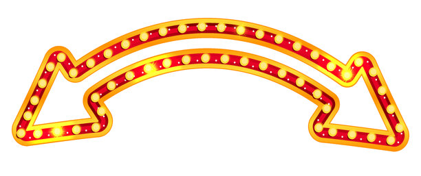 马戏团、赌场或嘉年华表演用的双箭头霓虹灯标志，带有复古灯泡。红色金色复古风格的指示灯，用于剧院广告牌或拉斯维加斯演出。弯曲形状矢量图图片下载