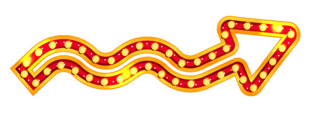 剧院、赌场或嘉年华表演用的带复古灯泡的箭头指示牌。霓虹风格的红色发光指针，用于百老汇广告牌或演出时间宣传。弧形矢量图，孤立。图片下载