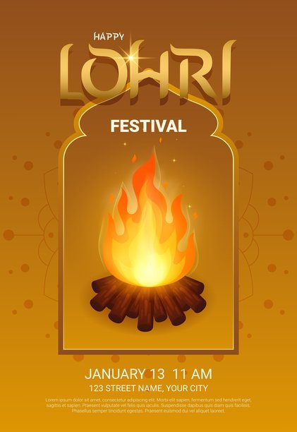 欢乐的洛里节印度火收获节垂直传单，带有火焰。旁遮普邦节日概念，包含虔诚、灵性、印度民间文化。矢量插画图片下载