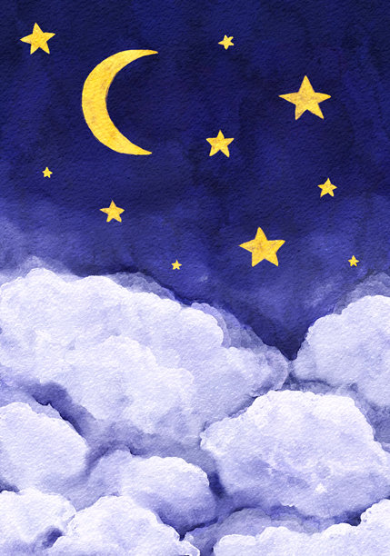 水彩风格的夜空插画，描绘了月亮、星星和云彩。图片下载