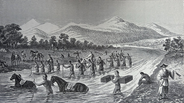 古董插画 - 大批日本人骑马渡河图片下载