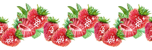 一幅甜美草莓的美丽无缝边框。明亮多汁的浆果图案。用于果酱、橘子酱、化妆品以及营造夏日氛围的无尽横幅模板。水彩插画。图片下载