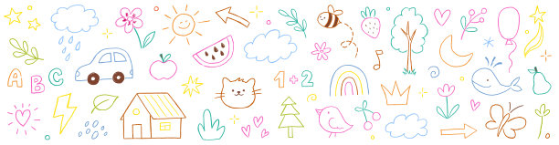 儿童可爱夏日图标插画。蜡笔线条花朵、太阳、彩虹夏日元素背景。儿童风格的可爱星星、树木、心形儿童彩色背景。矢量图图片下载