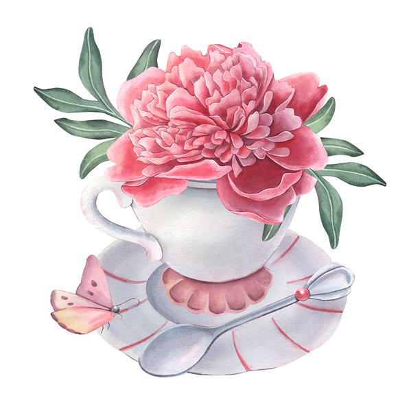 陶瓷茶具、粉色牡丹花、叶子、蝴蝶。手绘水彩插画，孤立在白色背景上，用于厨房印刷品、海报、邀请函、品牌设计、卡片、纺织品、家居装饰设计图片下载