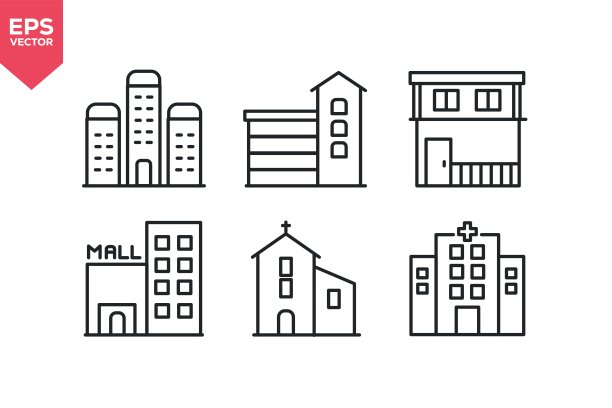 一套与城市塔楼、停车场、购物中心、宗教建筑、医疗中心相关的线条图标。描边可编辑。矢量插画图片下载