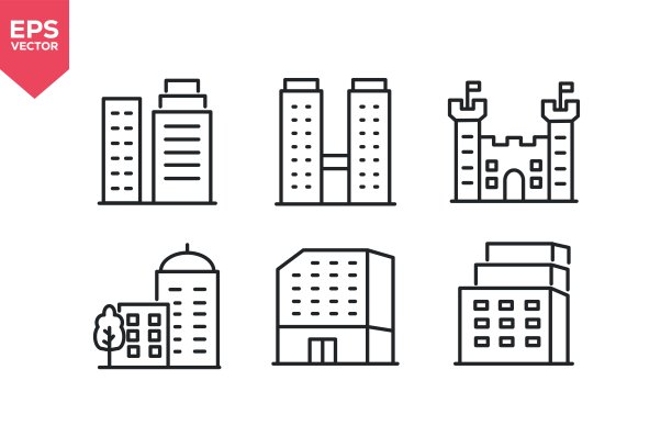 一组与建筑、集群、两座相同的摩天大楼相关的线条图标。描边可编辑。矢量图。图片下载