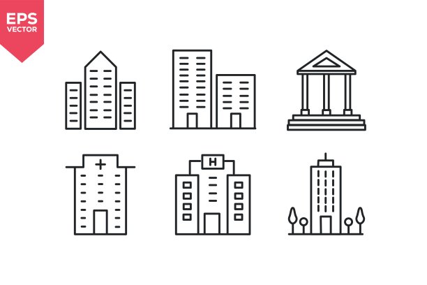 银行、摩天大楼、医院建筑、酒店相关的线条图标集。描边可编辑。矢量插画图片下载