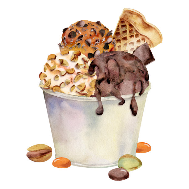 冰淇淋勺在塑料杯中，配有巧克力碎、碎坚果配料、融化的糖浆、华夫饼糖果、开心果。手绘水彩风格的隔离插画。夏日活动品牌宣传图片下载