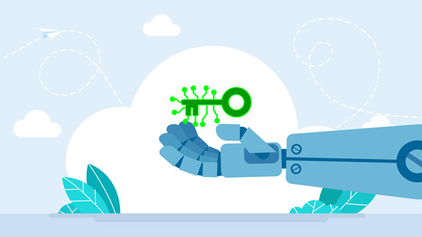 未来感钥匙的机器人手。人形机器人手持二进制代码锁的钥匙，人工智能，助手，数据安全，保护。机器学习概念。扁平插画图片下载