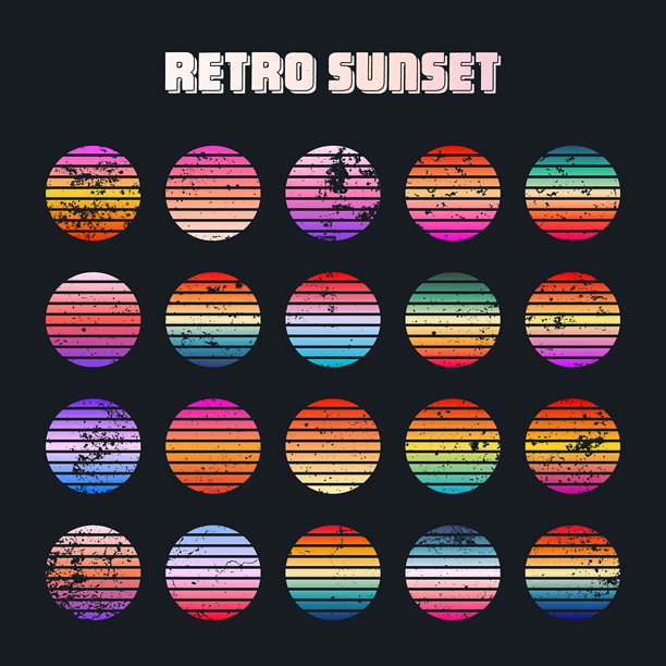 复古多彩的日落，带有颓废风格。80、90年代风格的条纹渐变日出徽章。太阳和海景，夏日氛围，冲浪。用于印刷品、徽标或T恤的设计元素。矢量插画图片下载