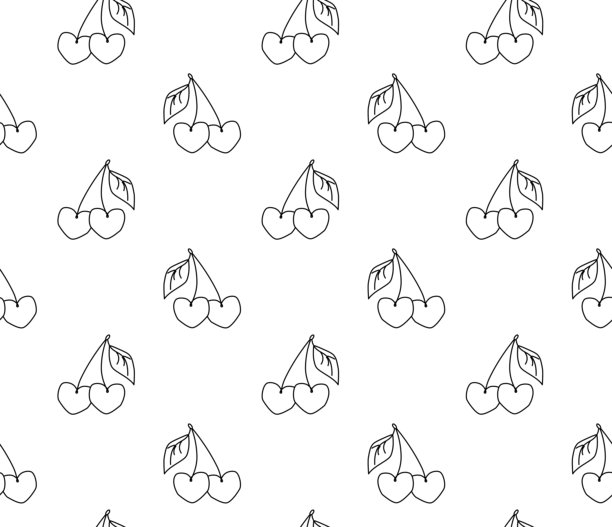 樱桃，情人节无缝图案。矢量线条黑白插画。适用于T恤印花、网页设计、美容院、海报、Logo设计。图片下载
