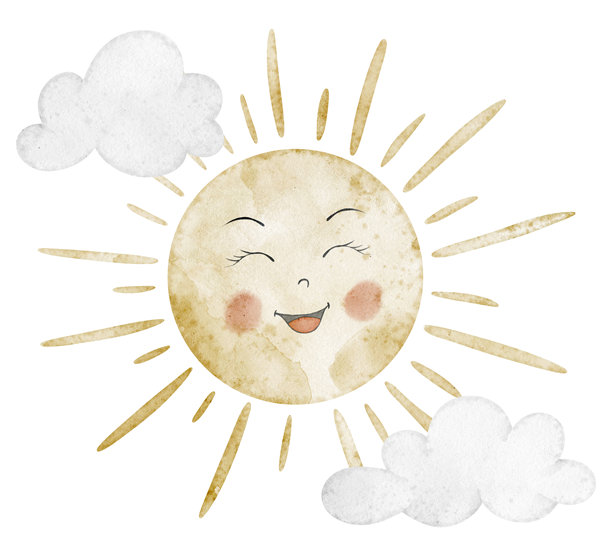 柔和的粉彩色调，带有笑脸的太阳水彩插画，配有蓬松的云朵。温暖日光艺术，适用于托儿所海报或婴儿送礼会贺卡。儿童的阳光艺术。图片下载