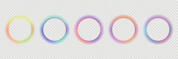 一组模糊的圆形边框。圆形，带有柔和的粉色、橙色、红色、蓝色、绿色霓虹渐变边框，孤立在白色背景上。抽象设计元素，带有空白空间。矢量图。图片下载
