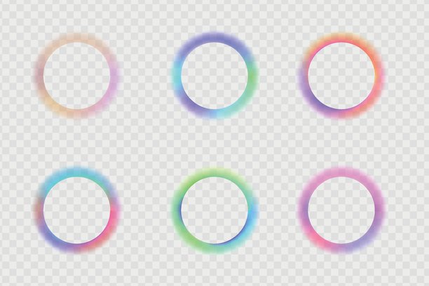 模糊的圆形边框集合。粉彩粉色、橙色、红色、蓝色、绿色霓虹渐变边框的圆形，孤立在白色背景上。抽象设计元素，带有空白空间。矢量图。图片下载