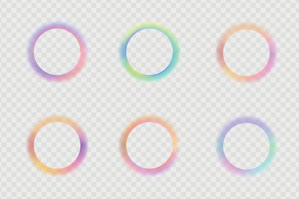 模糊的圆形边框集合。圆圈形状，带有粉彩粉色、橙色、红色、蓝色、绿色霓虹渐变边框，在白色背景上隔离。抽象设计元素，带有空白空间。矢量图。图片下载