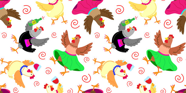 背景为白色的无缝图案，描绘了滑稽时尚的卡通鸡，它们穿着裙子，佩戴饰品，手持酒杯和酒瓶，正在跳舞。图片下载