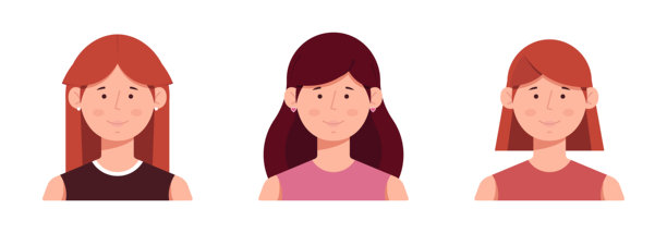 一套卡通女性形象，提供3种外观选择。矢量插画。头像合集。不同设计的角色。扁平化设计。孤立在白色背景上。图片下载