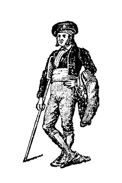 身着精致传统服饰的西班牙男子，配有标志性短外套和装饰性配饰，代表伊比利亚文化遗产和19世纪民族服饰时尚，老式复古插画，1897年。图片下载